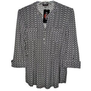 NWT Cocomo Size XL Black & White Geo Print Pintuck 3/4 Sleeve Blouse Top